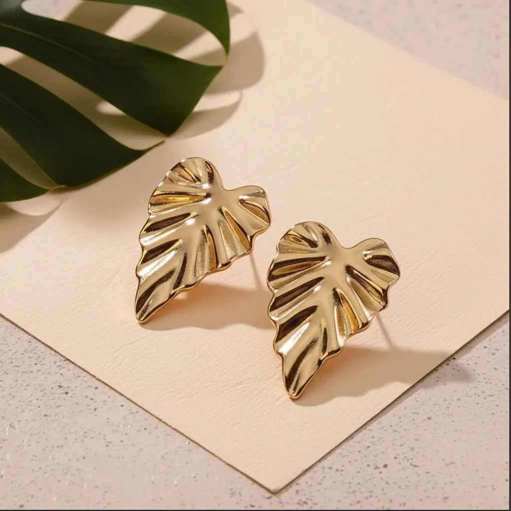 Aretes dorados hoja tropical brillante A-0036