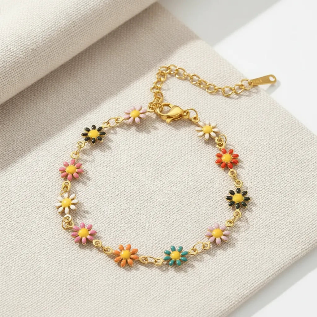 Pulsera de flores multicolor con cadena dorada P-0016
