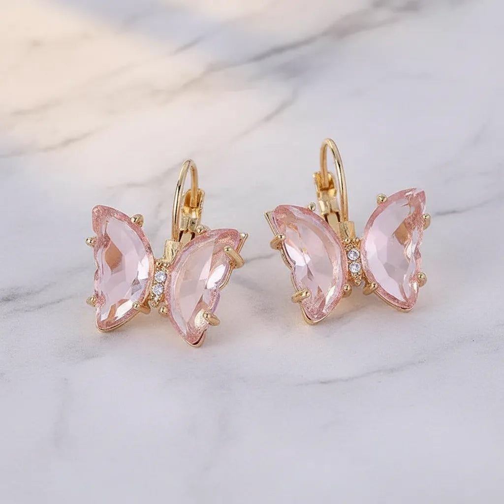 Aretes mariposa rosa con cristal tipo zirconia A-0003