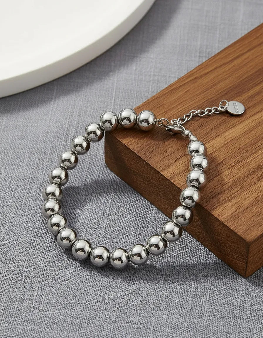 Pulsera de cuentas plateadas ajustable P-0029