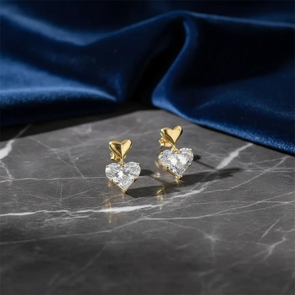 Aretes corazón doble con zirconia brillante A-0005