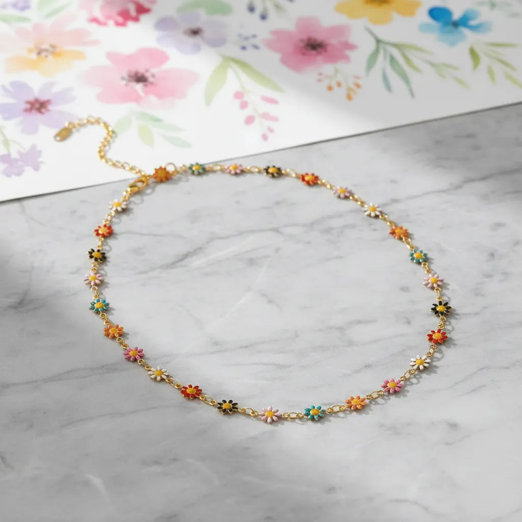 Collar flores multicolor dorado C-0006