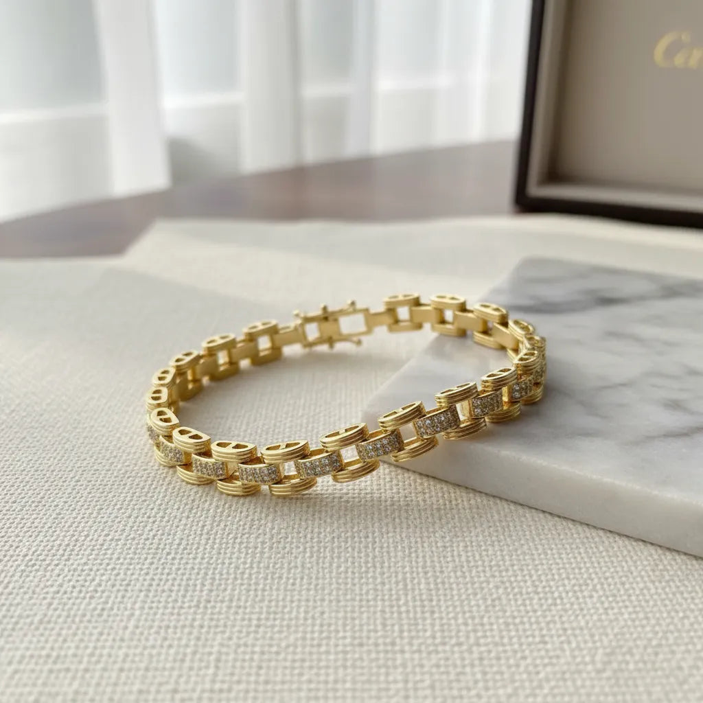 Pulsera dorada de eslabones dobles con zirconias P-0022