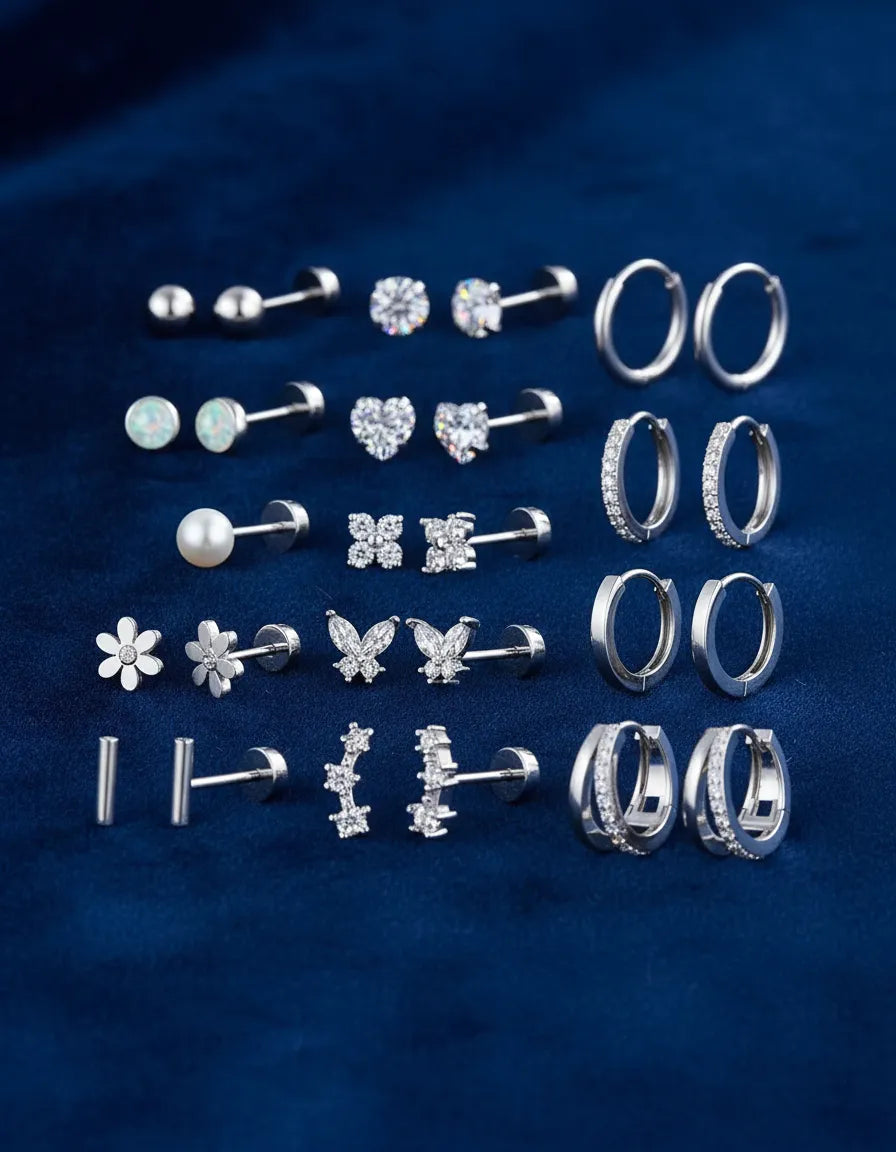 Set 14 pares de aretes plateados | Studs, huggies y zirconias A-0044